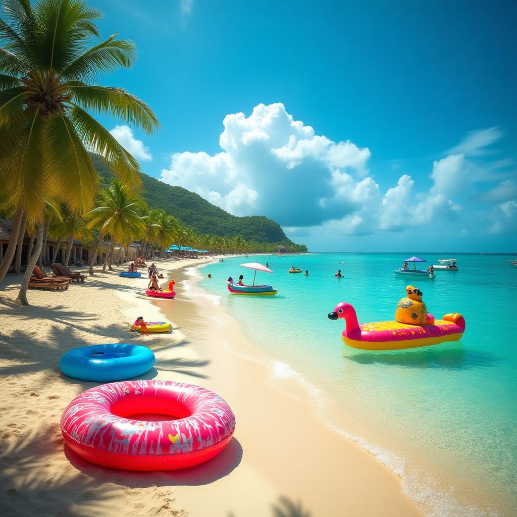 Tropical resort with colorful beach activities
